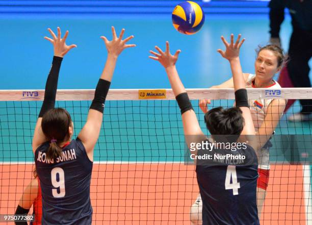 And HEEJIN KIM in action during FIVB Volleyball Nations League match between Korea and Serbia at the Stadium of the Technological University of the...
