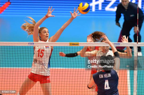 Of Serbia in action against HEEJIN KIM of Korea during FIVB Volleyball Nations League match between Korea and Serbia at the Stadium of the...