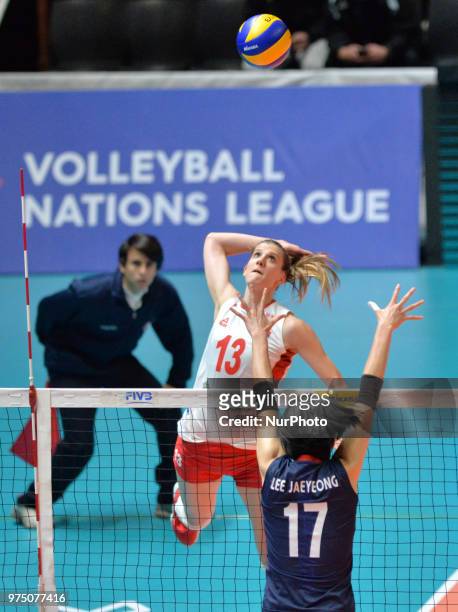 Of Serbia in action against JAEYEONG LEE of Korea during FIVB Volleyball Nations League match between Korea and Serbia at the Stadium of the...