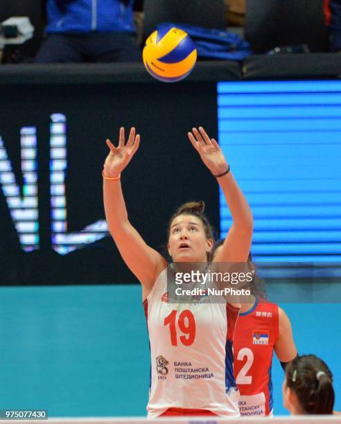 In action during FIVB Volleyball Nations League match between Korea and Serbia at the Stadium of the Technological University of the Littoral in...