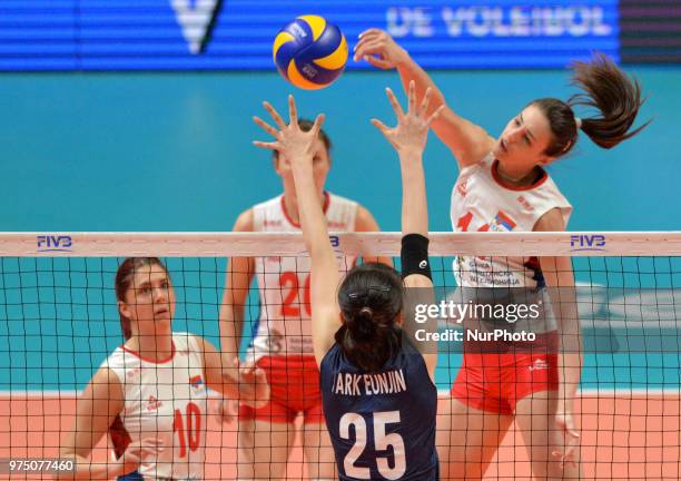 Of Serbia in action against EUNJIN PARK of Korea during FIVB Volleyball Nations League match between Korea and Serbia at the Stadium of the...