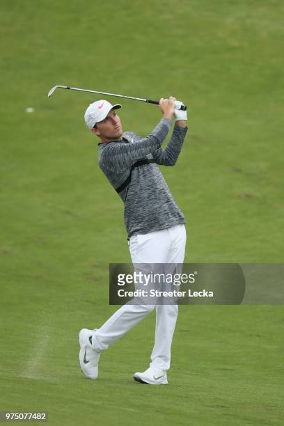 Russell Henley of the United States plays his second shot on the tenth hole during the second round of the 2018 U.S. Open at Shinnecock Hills Golf...
