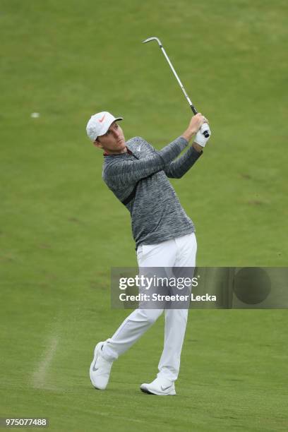 Russell Henley of the United States plays his second shot on the tenth hole during the second round of the 2018 U.S. Open at Shinnecock Hills Golf...