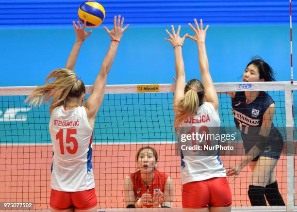 And ANA BJELICA of Serbia in action against JAEYEONG LEE of Korea during FIVB Volleyball Nations League match between Korea and Serbia at the Stadium...