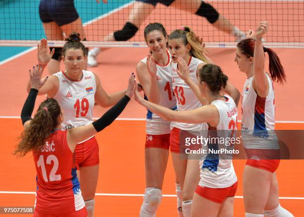 Serbia players celebrate after FIVB Volleyball Nations League match between Korea and Serbia at the Stadium of the Technological University of the...