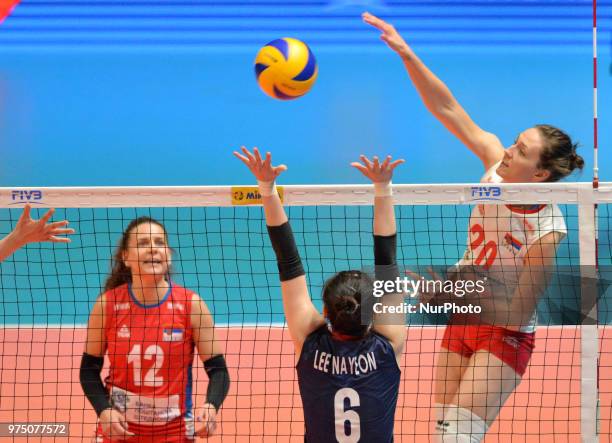 Of Serbia in action against NAYEON LEE of Korea during FIVB Volleyball Nations League match between Korea and Serbia at the Stadium of the...