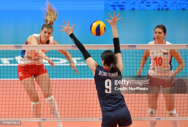 Of Serbia in action against SUNAH JEONG of Korea during FIVB Volleyball Nations League match between Korea and Serbia at the Stadium of the...