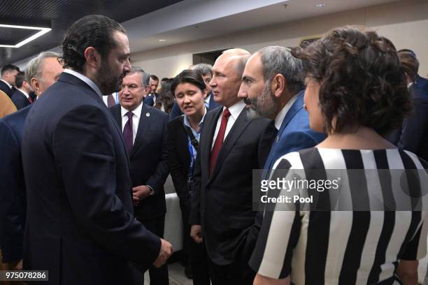 Lebanon's Prime Minister Saad Hariri, Russia's President Vladimir Putin, Armenia's Prime Minister Nikol Pashinyn and his wife Anna Akopyan attend the...