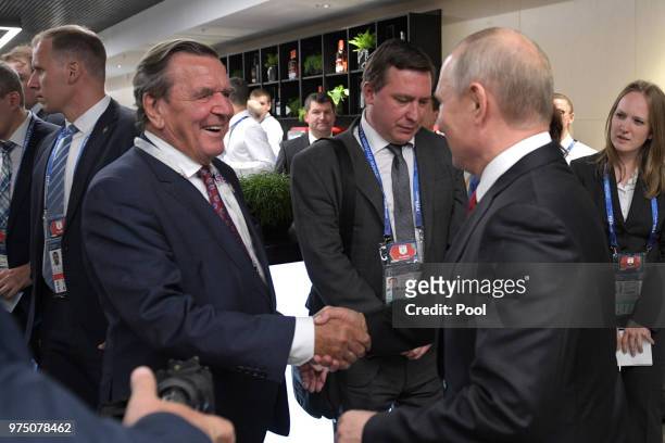 President Vladimir Putin, Gerhard Schroeder, Chairman of the Shareholders Committee with Nord Stream 2 AG and former German chancellor, attend the...
