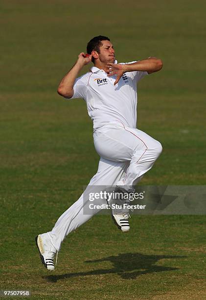 England bowler Tim Bresnan in action during day one of the tour match between Bangladesh A and England at Jahur Ahmed Chowdhury Stadium on March 7,...