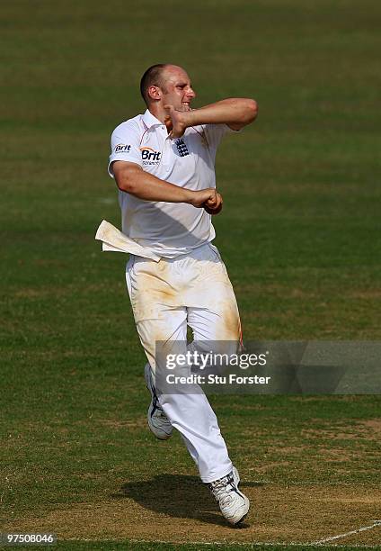 England bowler James Tredwell in action during day one of the tour match between Bangladesh A and England at Jahur Ahmed Chowdhury Stadium on March...