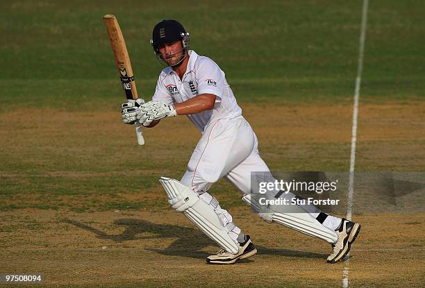 England batsman Jonathan Trott picks up some runs during day one of the tour match between Bangladesh A and England at Jahur Ahmed Chowdhury Stadium...