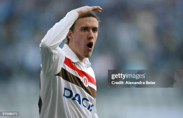 Max Kruse of St. Pauli reacts during the second Bundesliga match between TSV 1860 Muenchen and FC St. Pauli at Allianz Arena on March 7, 2010 in...