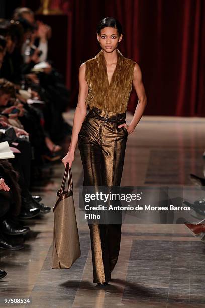 Model Chanel Iman walks the runway during the Akris Ready to Wear show as part of the Paris Womenswear Fashion Week Fall/Winter 2011 at Palais de...