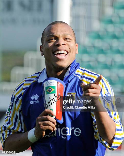 Jonathan Biabiany of Parma FC celebrates after the first goal during the Serie A match between AC Siena and Parma FC at Stadio Artemio Franchi on...