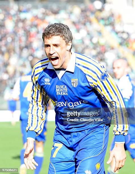 Hernan Crespo of Parma FC celebrates during the Serie A match between AC Siena and Parma FC at Stadio Artemio Franchi on March 7, 2010 in Siena,...