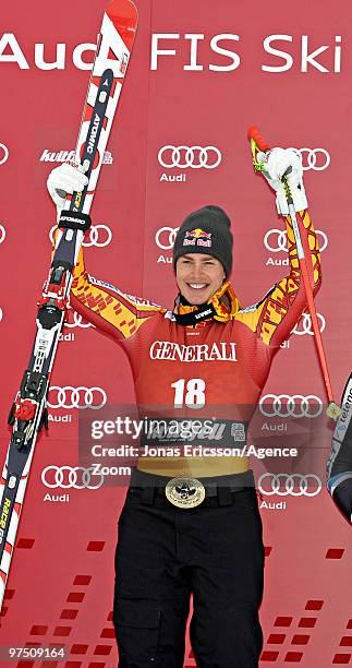Erik Guay of Canada takes 1st place during the Audi FIS Alpine Ski World Cup Men's Super G on March 7, 2010 in Kvitfjell, Norway.