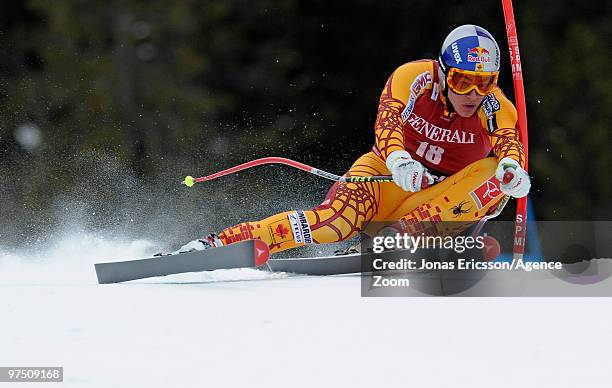 Erik Guay of Canada takes 1st place during the Audi FIS Alpine Ski World Cup Men's Super G on March 7, 2010 in Kvitfjell, Norway.