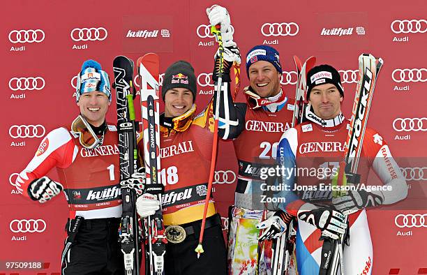 Erik Guay of Canada takes 1st place, Hannes Reichelt of Austria takes the place, Aksel Lund Svindal of Norway takes 3rd place, and Tobias...
