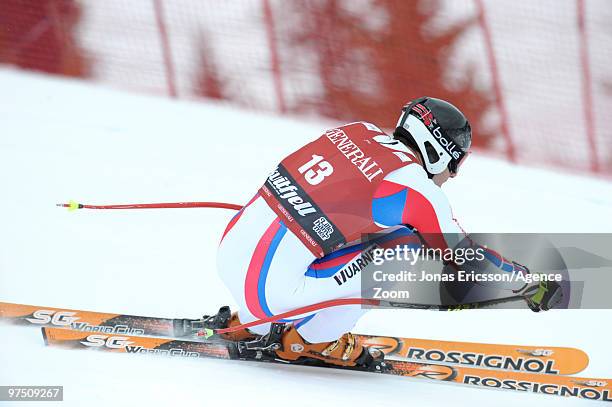 Adrien Theaux of France competes during the Audi FIS Alpine Ski World Cup Men's Super G on March 7, 2010 in Kvitfjell, Norway.