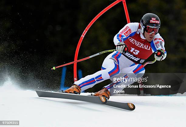 Adrien Theaux of France competes during the Audi FIS Alpine Ski World Cup Men's Super G on March 7, 2010 in Kvitfjell, Norway.