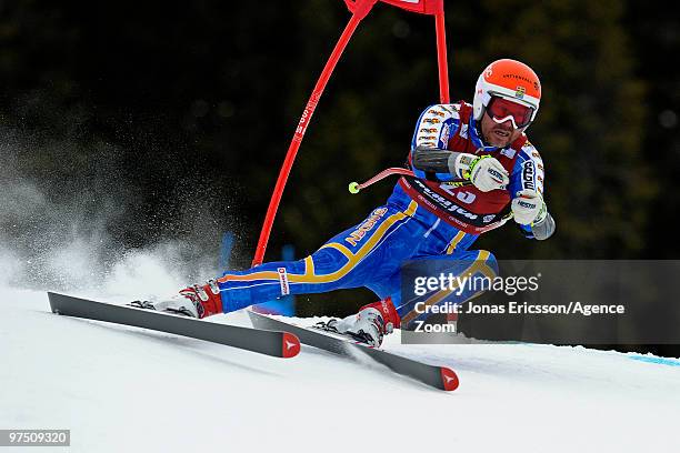 Patrik Jaerbyn of Sweden competes during the Audi FIS Alpine Ski World Cup Men's Super G on March 7, 2010 in Kvitfjell, Norway.