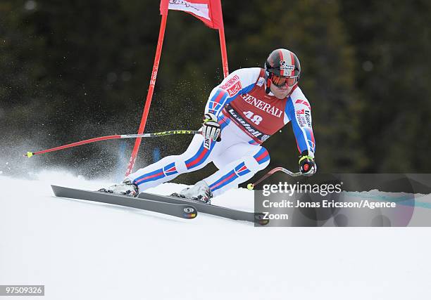 David Poisson of France competes during the Audi FIS Alpine Ski World Cup Men's Super G on March 7, 2010 in Kvitfjell, Norway.