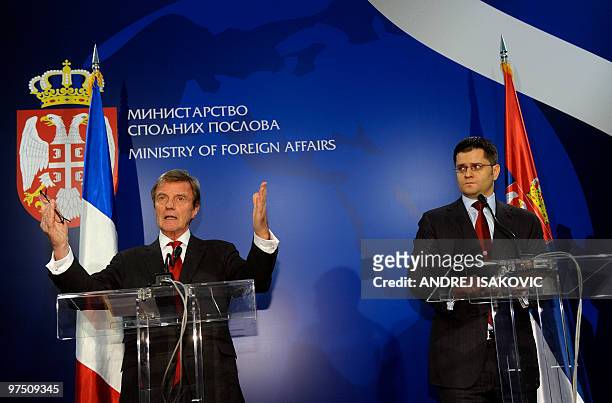 French Foreign Minister Bernard Kouchner gestures during a joint press conference with his Serbian counterpart Vuk Jeremic in Belgrade on March 1,...