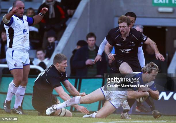 Nick Abendanon of Bath scores a try during the Guinness Premiership match between Newcastle Falcons and Bath at Kingston Park on March 7, 2010 in...