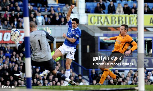 Mikel Arteta of Everton scores the opening goal past Boaz Myhill of Hull during the Barclays Premier League match between Everton and Hull City at...