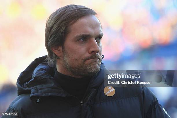 Head coach Thomas Tuchel of Mainz is seen during the Bundesliga match between 1899 Hoffenheim and FSV Mainz at Rhein-Neckar Arena on March 7, 2010 in...