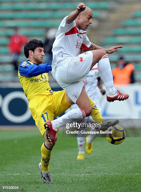 Bojan Jokiic of Chievo and Sergio Almiron of Bari in action during the Serie A match between AS Bari and AC Chievo Verona at Stadio San Nicola on...