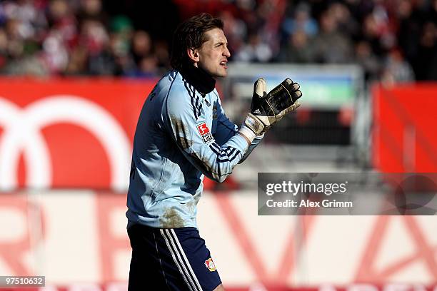 Goalkeeper Rene Adler of Leverkusen reacts during the Bundesliga match between 1. FC Nuernberg and Bayer Leverkusen at Easy Credit Stadium on March...