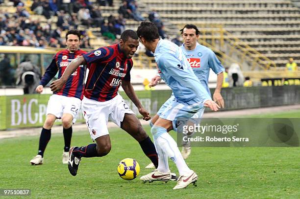 Gaby Mudingayi of Bologna competes with Ezequiel Ivan Lavezzi of Napoli during the Serie A match between Bologna FC and SSC Napoli at Stadio Renato...