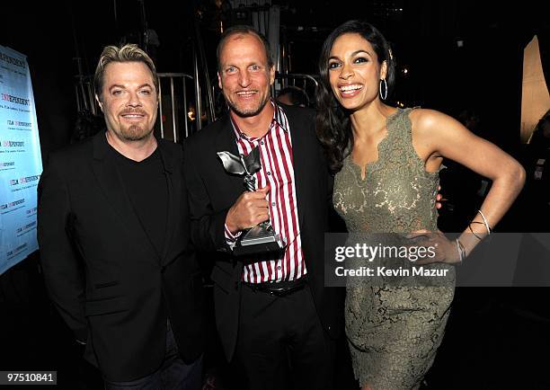 Eddie Izzard, Woody Harrelson and Rosario Dawson poses in the trophy room at the 25th Film Independent Spirit Awards held at Nokia Theatre L.A. Live...