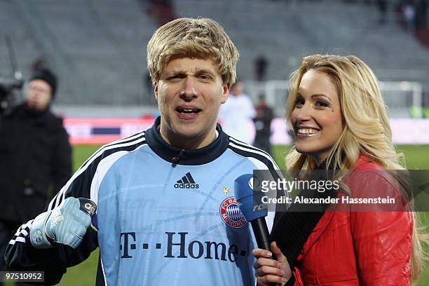 Oliver Pocher of the ran AllstarTeam is interviewed by Andrea Kaiser afte the charity match for earthquake victims in Haiti between ran Allstar team...