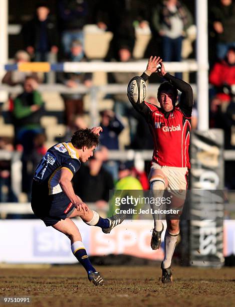 Leeds flyhalf Joe Ford slots the game winning drop goal during the Guinness Premiership match between Leeds Carnegie and Saracens at Headingley...