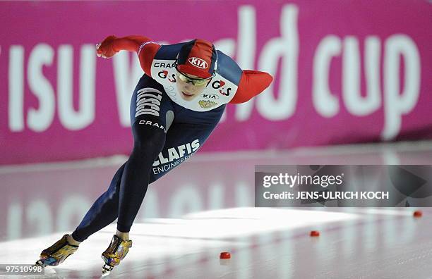 Russia's Yekaterina Shikhova competes in the women's 1000m Speed Skating race of the ISU World Cup in the eastern German city of Erfurt on March 7,...