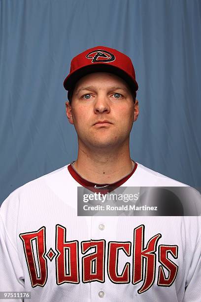 Aaron Heilman of the Arizona Diamondbacks poses for a photo during Spring Training Media Photo Day at Tucson Electric Park on February 27, 2010 in...
