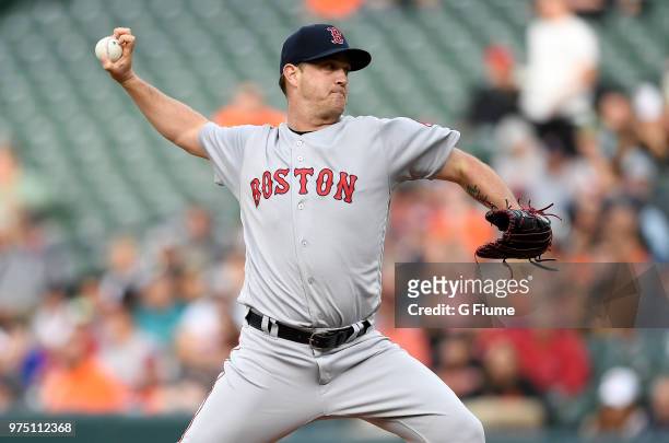 Steven Wright of the Boston Red Sox pitches in the first inning against the Baltimore Orioles at Oriole Park at Camden Yards on June 11, 2018 in...