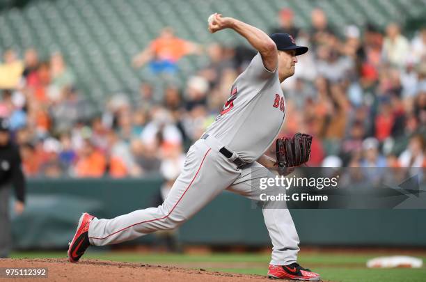 Steven Wright of the Boston Red Sox pitches in the first inning against the Baltimore Orioles at Oriole Park at Camden Yards on June 11, 2018 in...