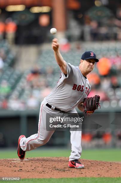 Steven Wright of the Boston Red Sox pitches in the second inning against the Baltimore Orioles at Oriole Park at Camden Yards on June 11, 2018 in...