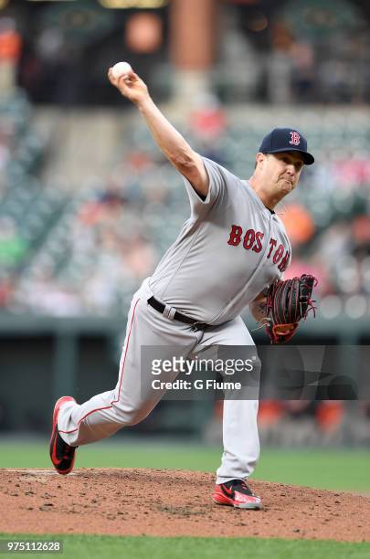 Steven Wright of the Boston Red Sox pitches in the second inning against the Baltimore Orioles at Oriole Park at Camden Yards on June 11, 2018 in...