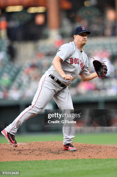 Steven Wright of the Boston Red Sox pitches in the second inning against the Baltimore Orioles at Oriole Park at Camden Yards on June 11, 2018 in...