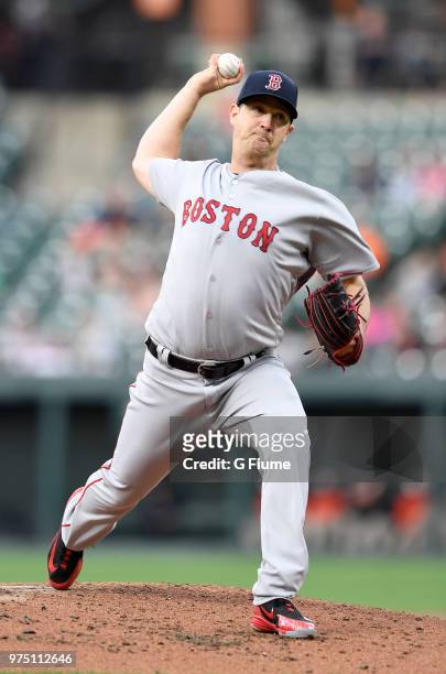 Steven Wright of the Boston Red Sox pitches in the second inning against the Baltimore Orioles at Oriole Park at Camden Yards on June 11, 2018 in...