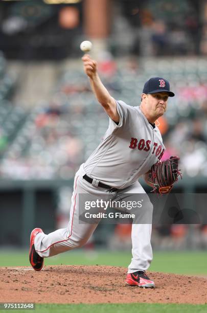 Steven Wright of the Boston Red Sox pitches in the second inning against the Baltimore Orioles at Oriole Park at Camden Yards on June 11, 2018 in...