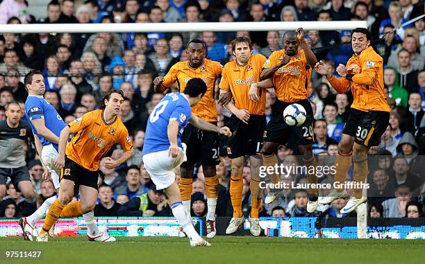 Mikel Arteta of Everton fires a free kick into the Hull wall during the Barclays Premier League match between Everton and Hull City at Goodison Park...