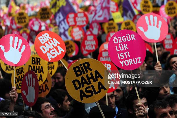 Protestors hold placards reading "Never again" on February 28, 2010 in downtown Istanbul where some 2,000 people gathered to demonstrate against...
