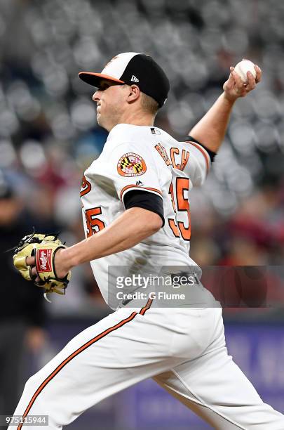 Brad Brach of the Baltimore Orioles pitches against the Boston Red Sox at Oriole Park at Camden Yards on June 11, 2018 in Baltimore, Maryland.