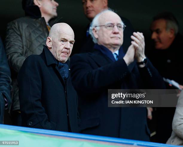 Former Chairman of West Ham Eggert Magnusson and Icelandic businessman takes his seat behind Chelsea Chairman Bruce Buck before kick off between...